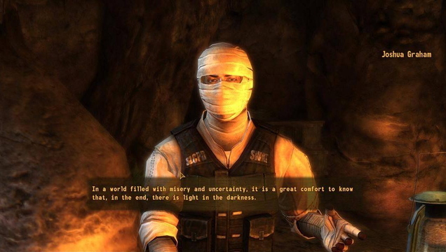 This screenshot is from the Fallout: New Vegas — Honest Hearts expansion. The star of the expansion is the “Burned Man,” Joshua Graham. He’s a very cool guy you don’t want to cross.